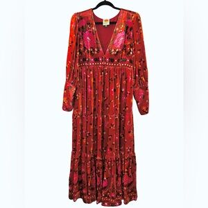 (NWOT) FARM Rio Velvet Floral Boho Embroidered Long Sleeve Maxi Dress (XL)